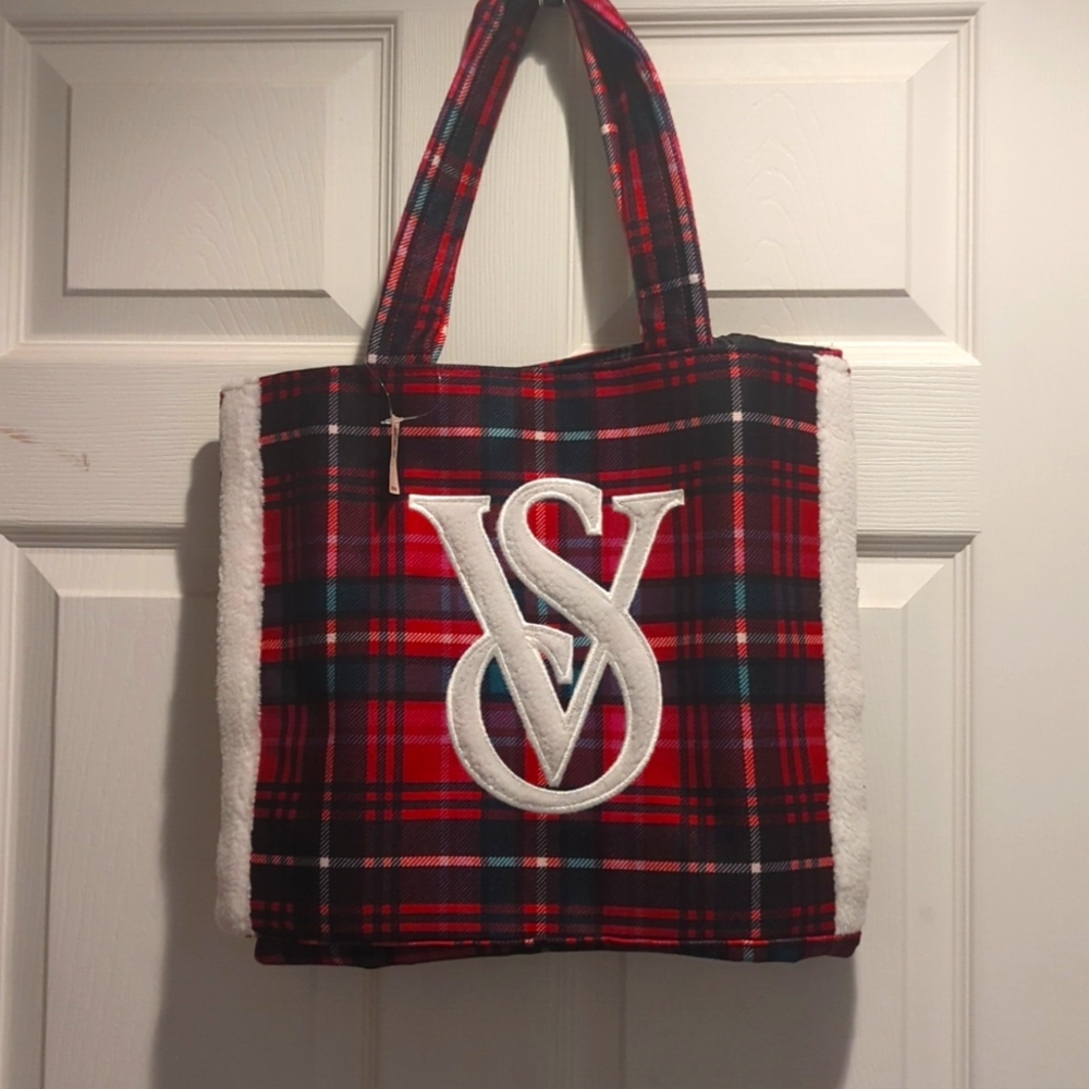 Victoria Secret Red Plaid Sherpa Tote Bag Lined Carryall Travel Winter Weekender